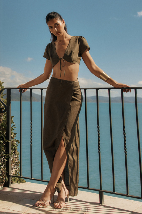 Fatima linnen wikkel maxirok Meshki khaki N4JN1230 kleding