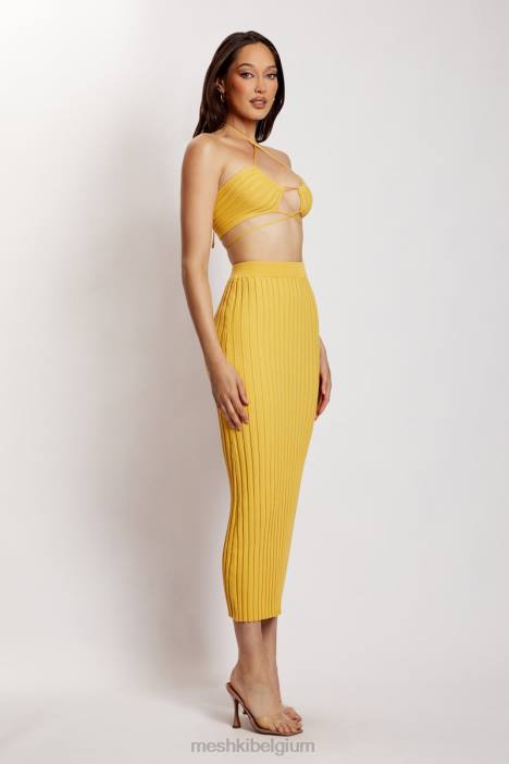 Kristallen geribde midaxi rok Meshki geel N4JN1338 kleding