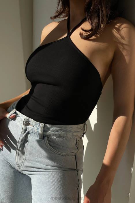 Arden geribbelde bodysuit met halternek Meshki zwart N4JN979 kleding