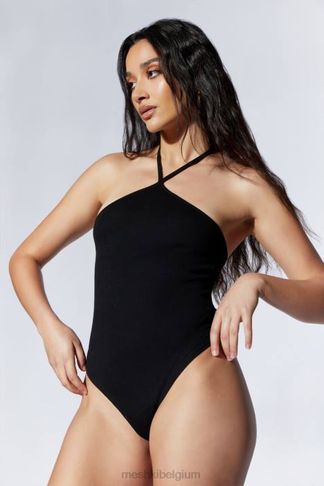 Arden geribbelde bodysuit met halternek Meshki zwart N4JN979 kleding