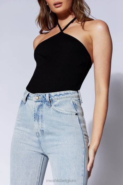 Arden geribbelde bodysuit met halternek Meshki zwart N4JN979 kleding