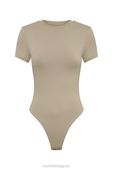 Francesca gerecycled nylon bodysuit met ronde hals en korte mouwen Meshki taupe N4JN837 kleding