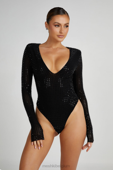 Keenan bodysuit met vierkante diamanten Meshki zwart N4JN790 kleding