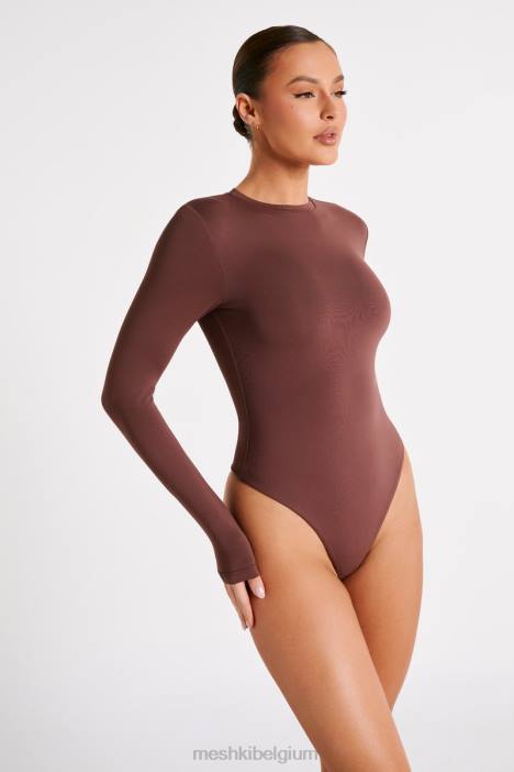 delilah bodysuit van gerecycleerd nylon met lange mouwen en ronde hals Meshki mokka N4JN774 kleding