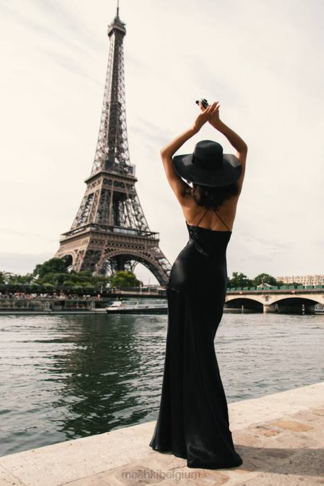 Avery satijnen maxi halterjurk Meshki zwart N4JN444 kleding