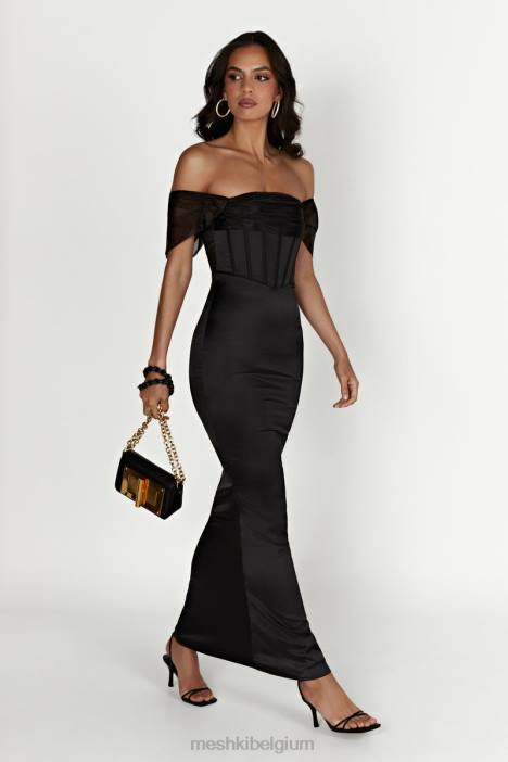 Everly off-shoulder organza satijnen maxi-jurk Meshki zwart N4JN430 kleding