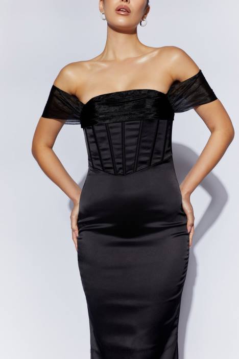 Everly off-shoulder organza satijnen maxi-jurk Meshki zwart N4JN430 kleding