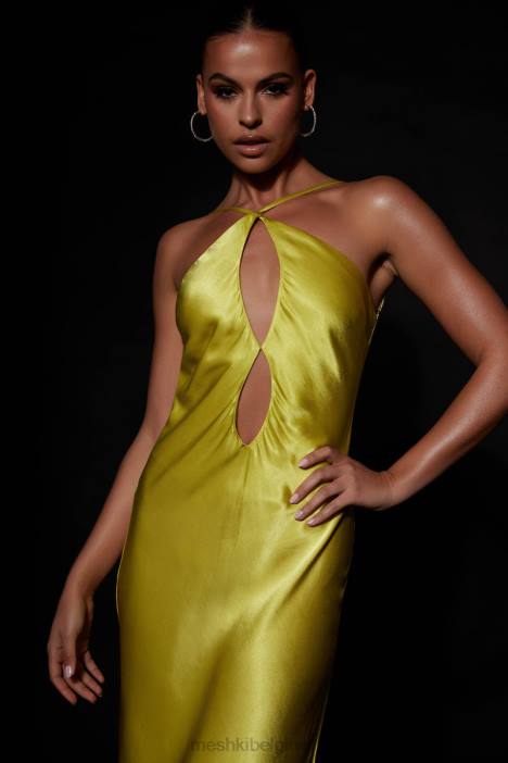 Lucia satijnen maxi-jurk met uitsnijding Meshki chartreuse N4JN530 kleding