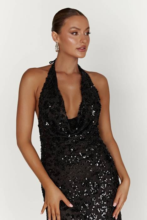 Nicola maxi-jurk met diepuitgesneden hals en pailletten Meshki zwart N4JN395 kleding