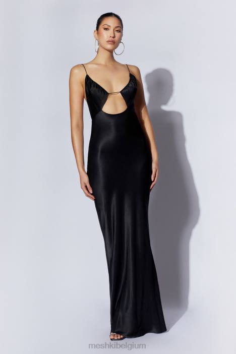 Sadie maxi satijnen halterjurk met ruches Meshki zwart N4JN629 kleding