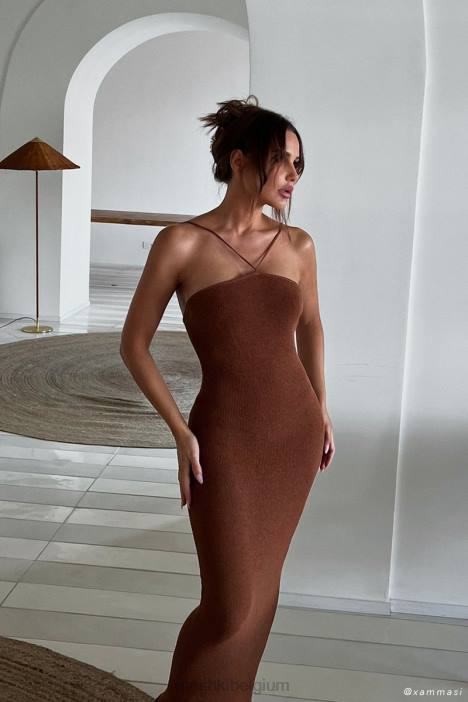 aryana asymmetrische rechte maxi haltergebreide jurk Meshki klei N4JN727 kleding