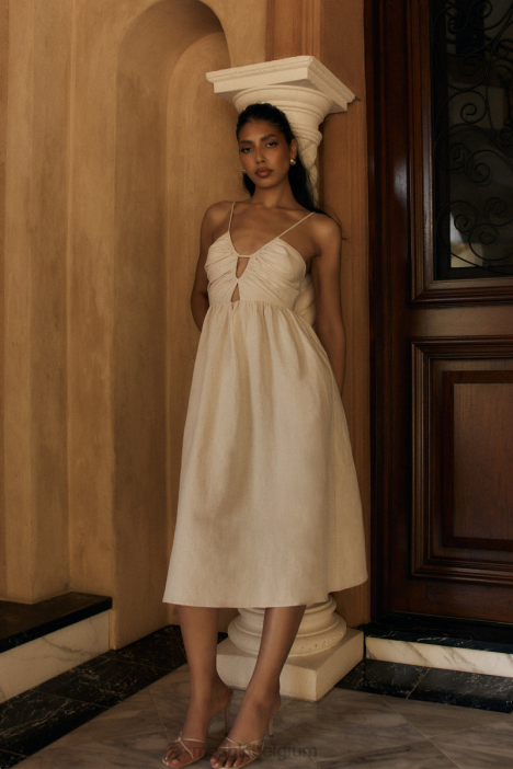 Magdelena uitgesneden linnen midi-jurk Meshki natuurlijk N4JN19 kleding