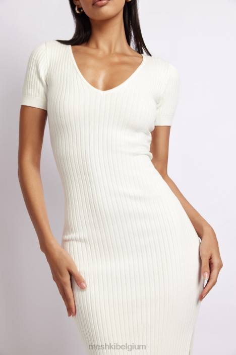 Nina gebreide midi-jurk met korte mouwen Meshki wit N4JN488 kleding