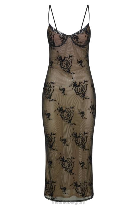 Venetië geborduurde midi-jurk van mesh Meshki zwart N4JN115 kleding