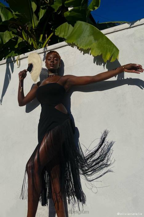 Yasmin overslag midi-jurk met franjes Meshki zwart N4JN625 kleding