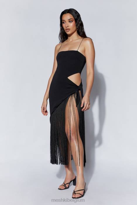 Yasmin overslag midi-jurk met franjes Meshki zwart N4JN625 kleding