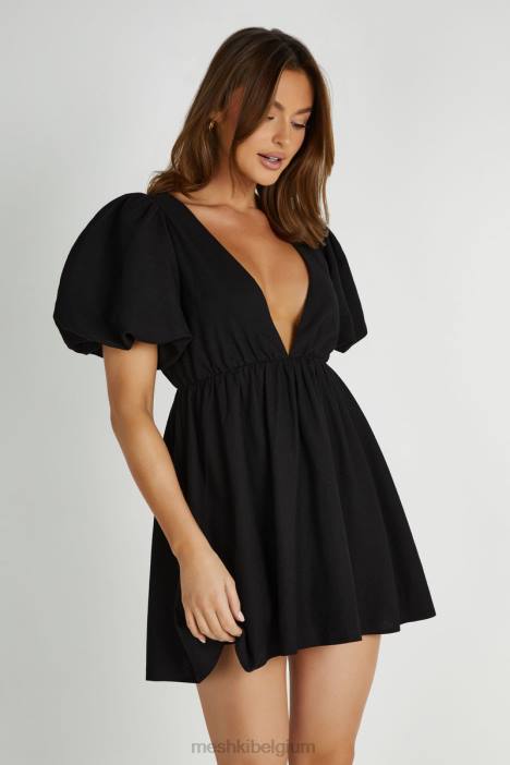 Myrah linnen mini-jurk met pofmouwen Meshki zwart N4JN226 kleding