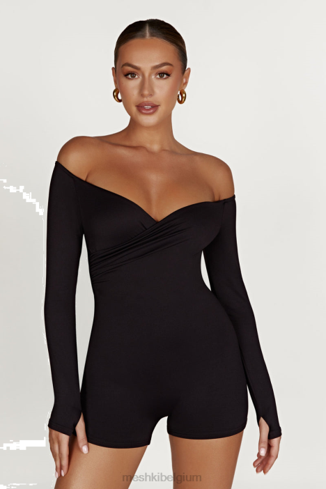 Aisling off-shoulder playsuit van gerecycled nylon Meshki zwart N4JN1390 kleding