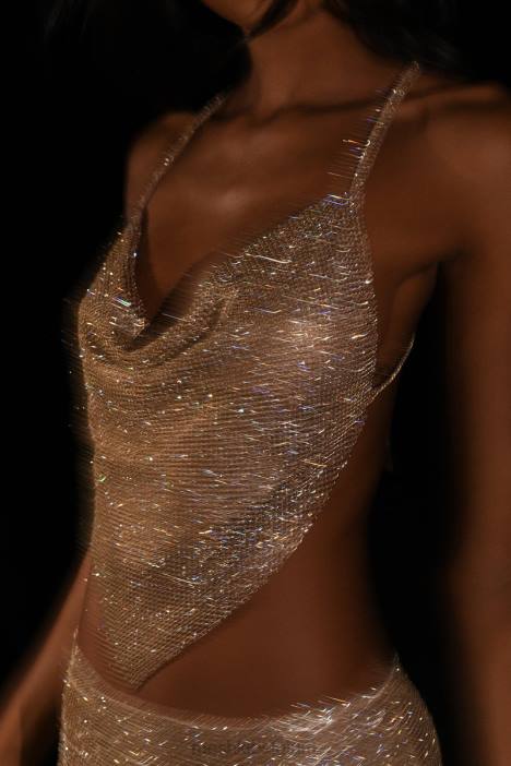 Daphne haltertop met gedrapeerde halslijn en diamanten Meshki goud N4JN785 kleding