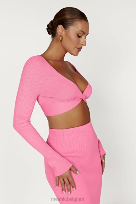 Kaesha gebreide top met lange mouwen en gedraaide voorkant Meshki kauwgom roze N4JN1070 kleding