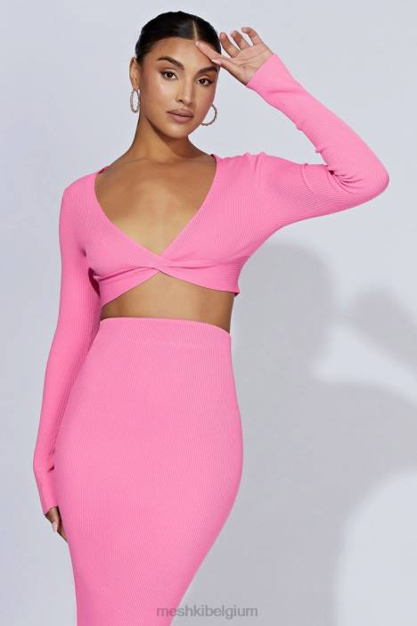 Kaesha gebreide top met lange mouwen en gedraaide voorkant Meshki kauwgom roze N4JN1070 kleding