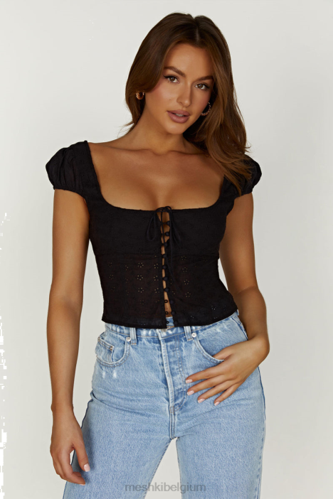 cressida katoenen anglaise top met pofmouwen Meshki zwart N4JN847 kleding