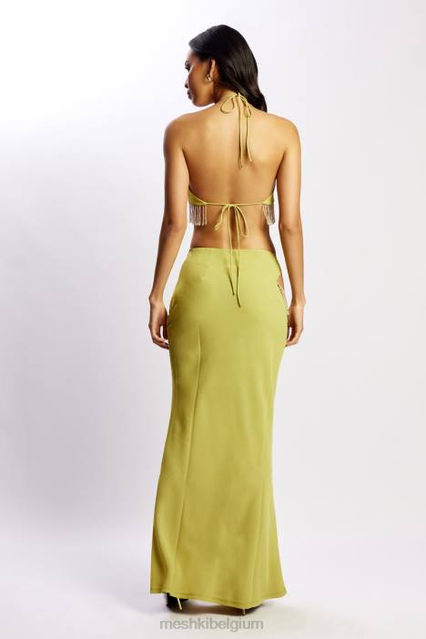 jayleen keyhole driehoekige haltertop met franjes Meshki chartreuse N4JN1135 kleding