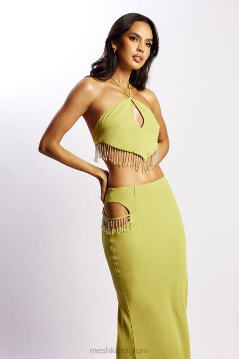 jayleen keyhole driehoekige haltertop met franjes Meshki chartreuse N4JN1135 kleding