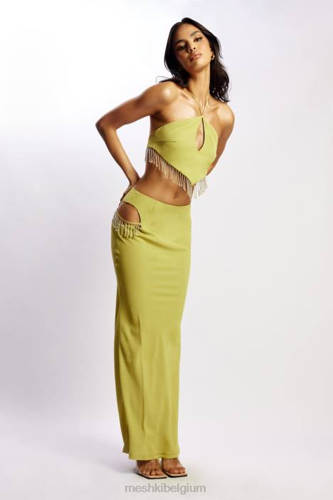 jayleen keyhole driehoekige haltertop met franjes Meshki chartreuse N4JN1135 kleding