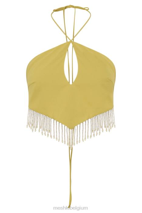 jayleen keyhole driehoekige haltertop met franjes Meshki chartreuse N4JN1135 kleding