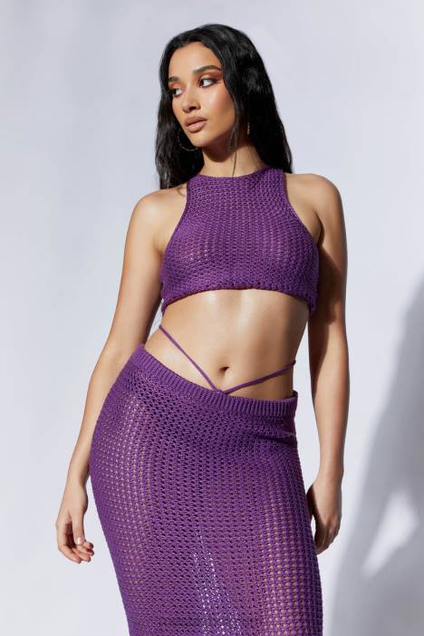 raquel gehaakte top met veters aan de achterkant Meshki druif N4JN1161 kleding