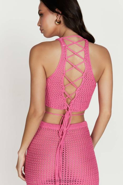 raquel gehaakte top met veters aan de achterkant Meshki kauwgom roze N4JN1050 kleding