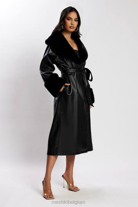 rebekah oversized pu trenchcoat met bontafwerking Meshki zwart N4JN1647 kleding