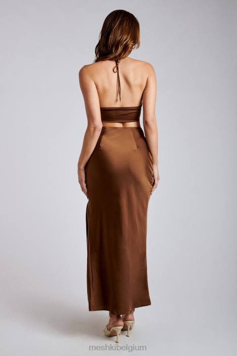 Kimia satijnen crop top met ruches en strikband Meshki chocolade N4JN1163 kleding