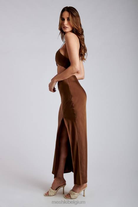 Kimia satijnen crop top met ruches en strikband Meshki chocolade N4JN1163 kleding