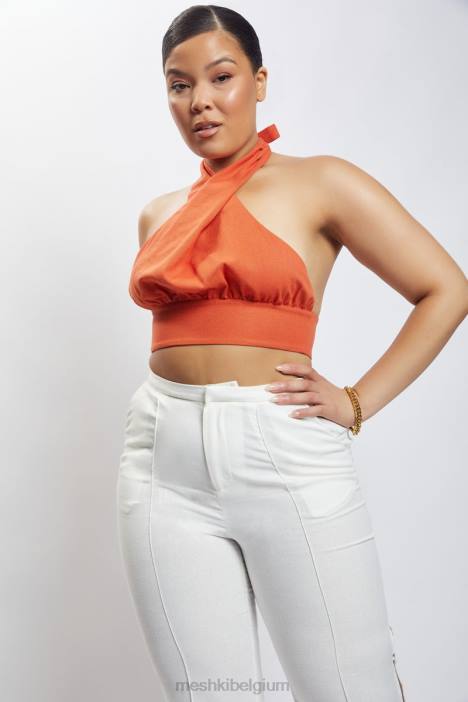 Piper halter hals linnen crop top Meshki terracotta N4JN1114 kleding