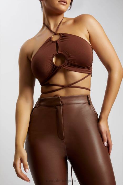 Sabrina halter crop top met ruches Meshki chocolade N4JN1169 kleding