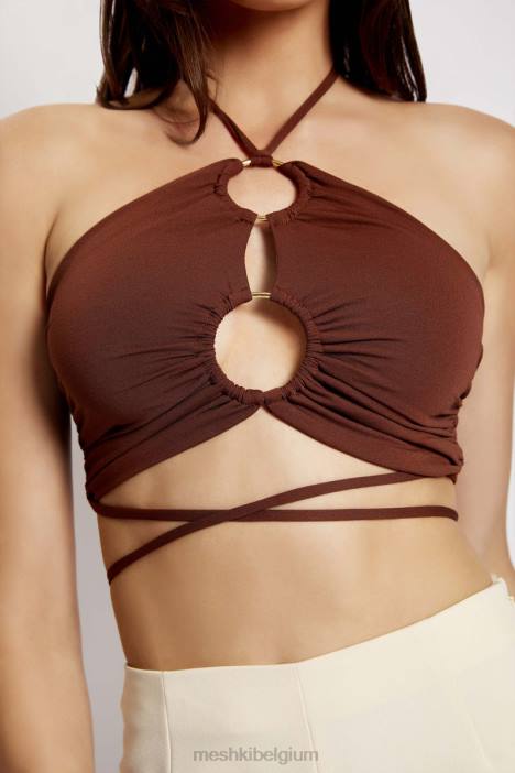 Sabrina halter crop top met ruches Meshki chocolade N4JN1169 kleding