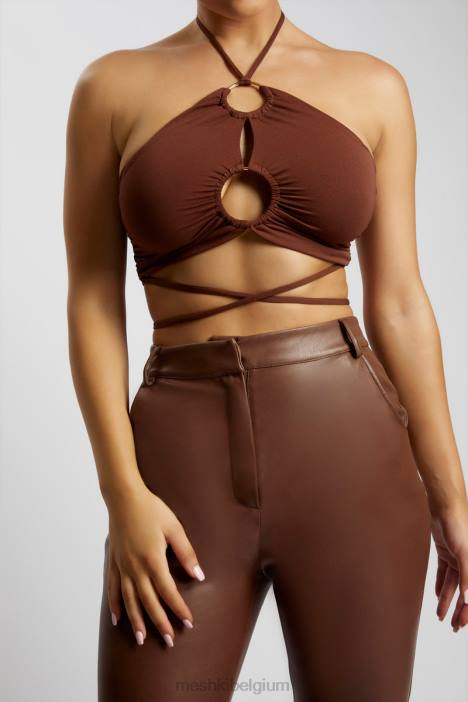 Sabrina halter crop top met ruches Meshki chocolade N4JN1169 kleding