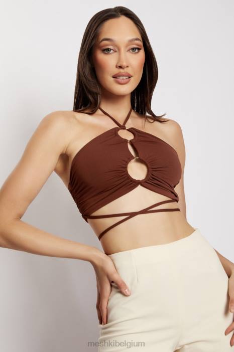 Sabrina halter crop top met ruches Meshki chocolade N4JN1169 kleding