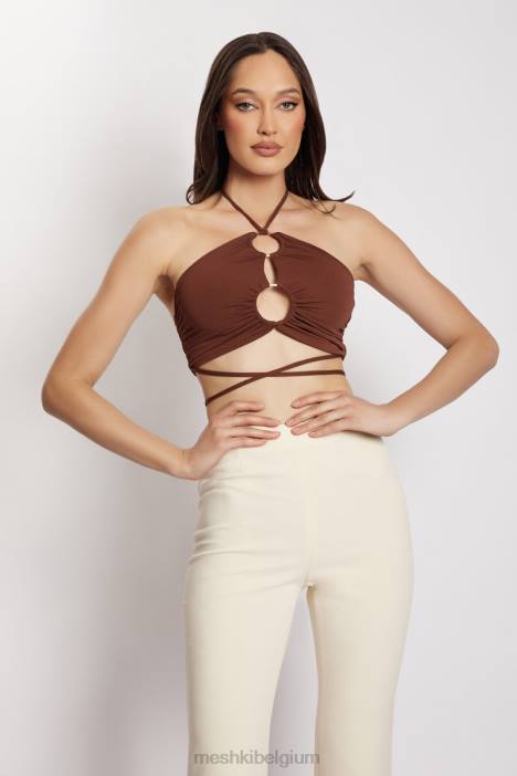 Sabrina halter crop top met ruches Meshki chocolade N4JN1169 kleding