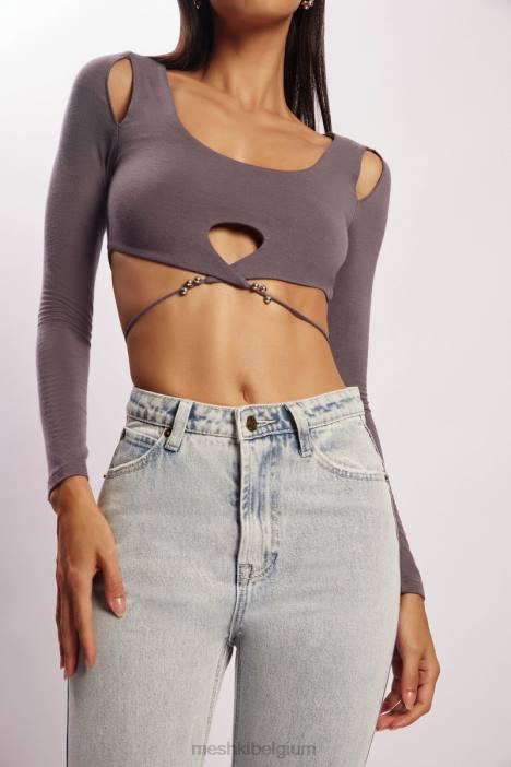 jessie uitgesneden crop top met lange mouwen Meshki houtskool N4JN1134 kleding