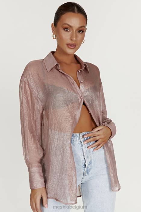 Molly oversized transparant iriserend overhemd Meshki taupe N4JN1105 kleding